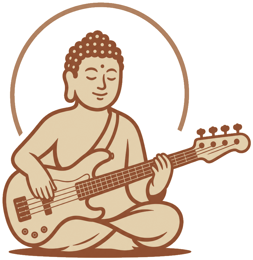 Bass Buddha — a buddha playing bass guitar beneath a halo