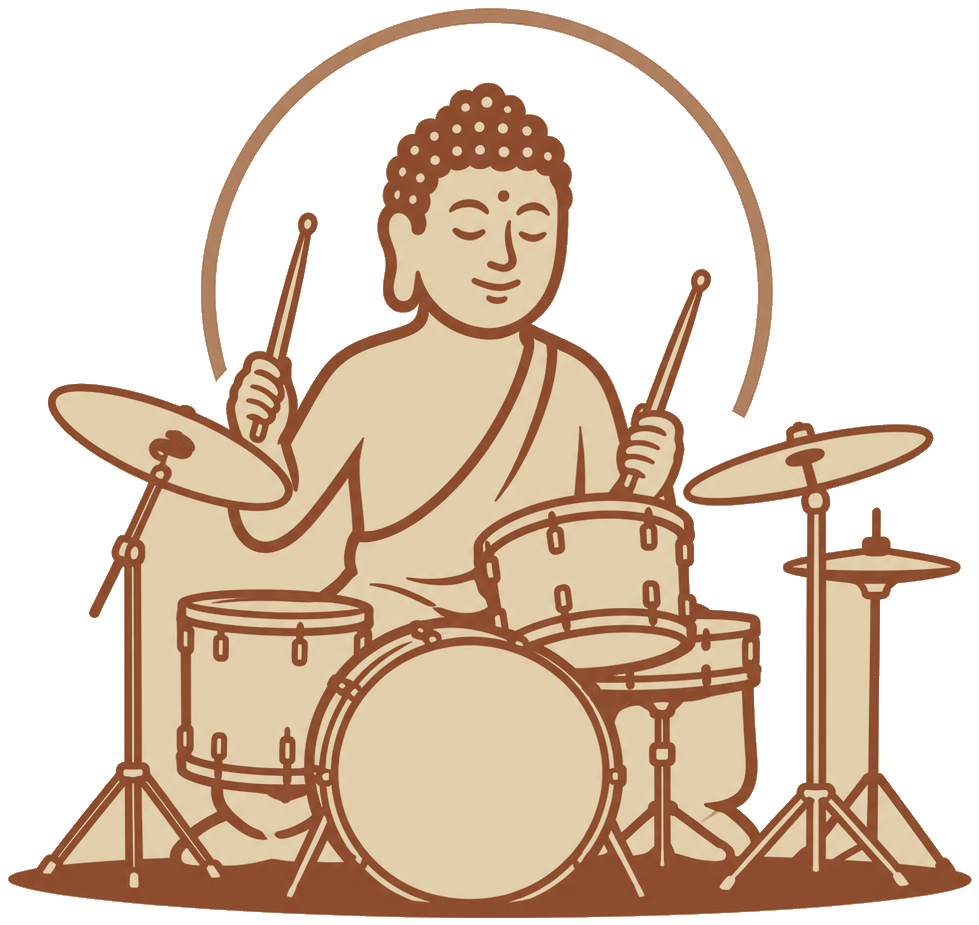 Drum Buddha — a buddha playing a drum kit beneath a halo