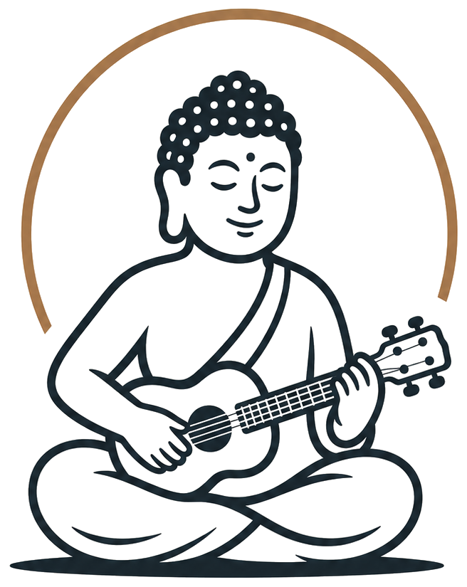Ukulele Buddha — a buddha playing ukulele beneath a halo