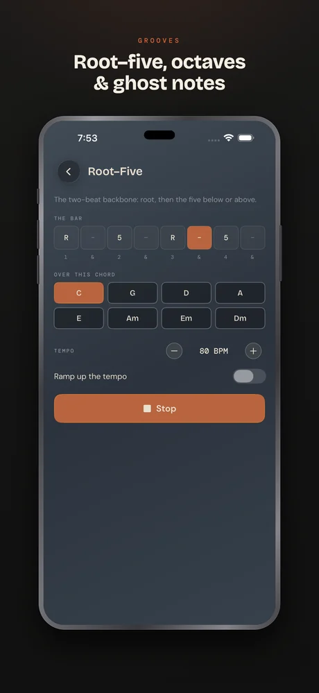 Bass Buddha on iPhone — Grooves — root–five, octaves & ghost notes