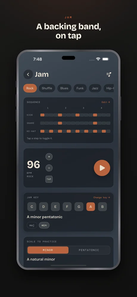 Bass Buddha on iPhone — Jam — a backing band, on tap