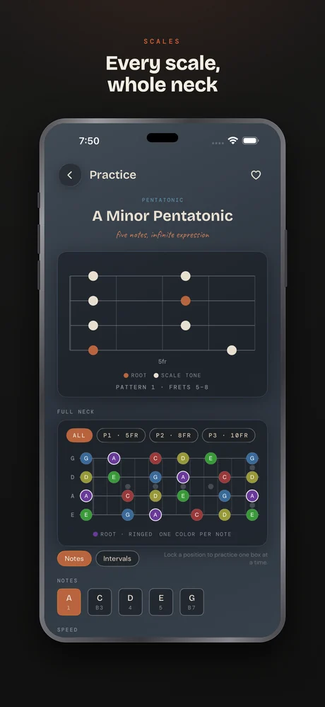 Bass Buddha on iPhone — Scales — every scale, whole neck