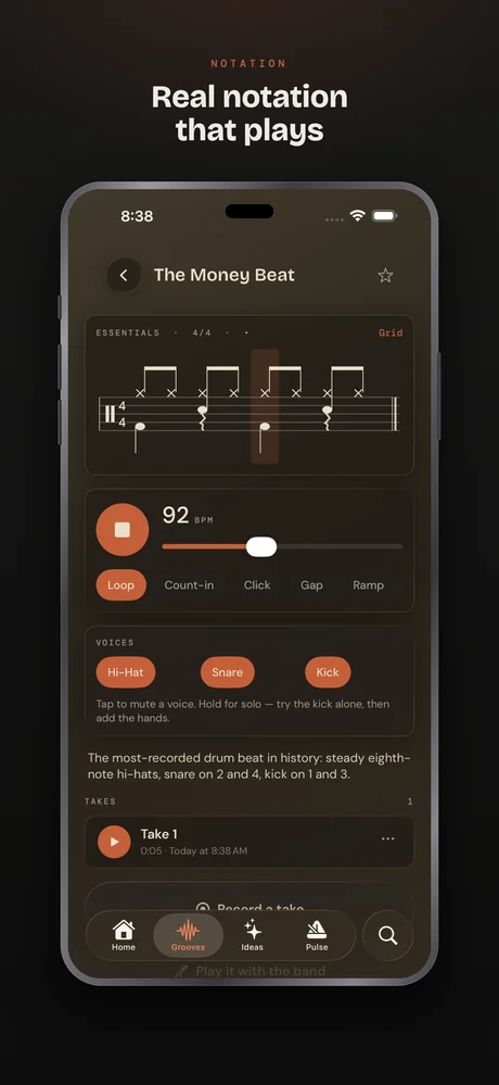Drum Buddha on iPhone — Grooves — real notation that plays