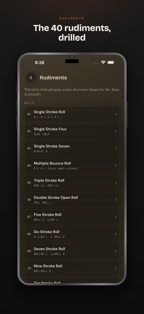 Drum Buddha on iPhone — The 40 rudiments, drilled