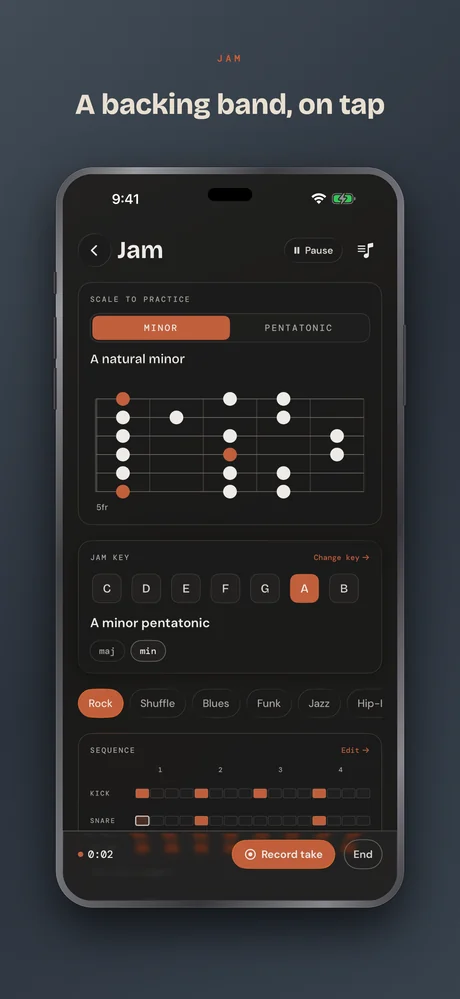 Guitar Buddha on iPhone — Jam — a backing band, on tap