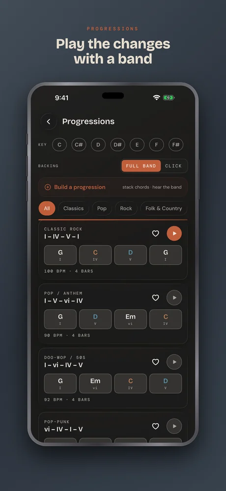 Guitar Buddha on iPhone — Progressions — play the changes with a band