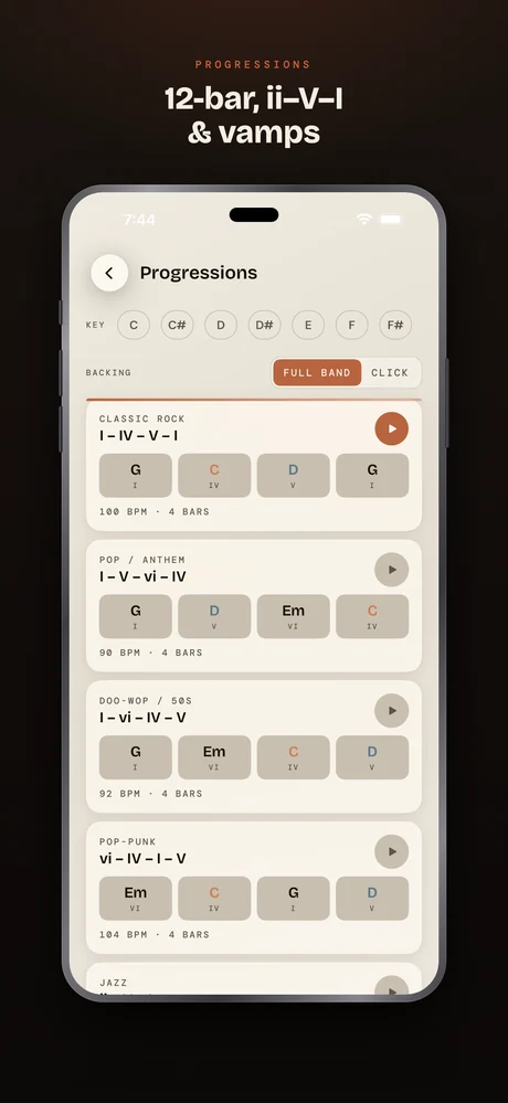 Ukulele Buddha on iPhone — Progressions — 12-bar, ii–V–I & vamps