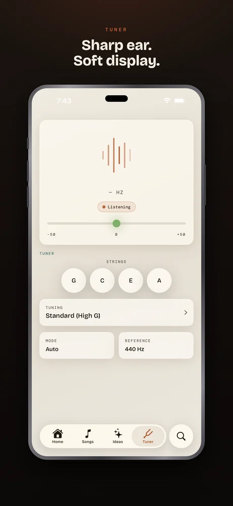 Ukulele Buddha on iPhone — Tuner — gCEA, low-G, baritone